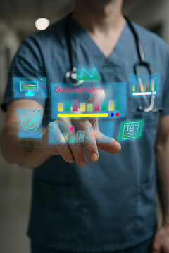 Doctor holding digital health icons hologram futuristic medical technology innovation care