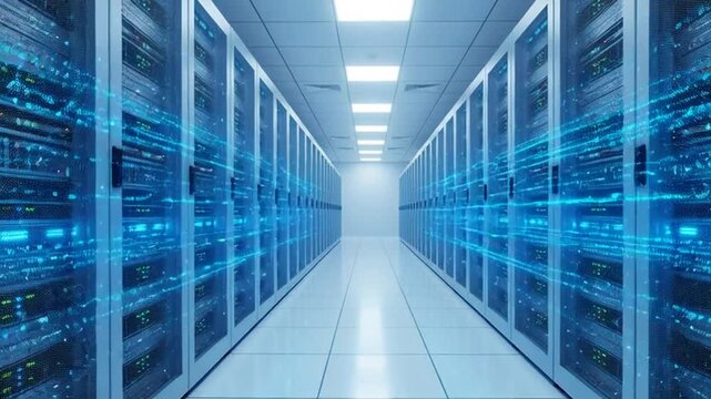 A long corridor of a data center with rows of server racks and blue lights illuminating the interior.