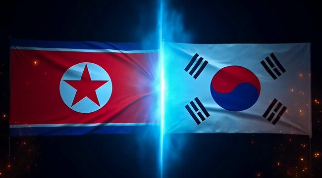 Dramatic flag cross display of north korea and south korea against dark backdrop with blue light north korea flag
