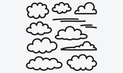 Fototapeta premium Kid crayon clouds set - various cute simple shapes outlines drawn by hand. Isolated black line cartoon doodle sketch elements on white background