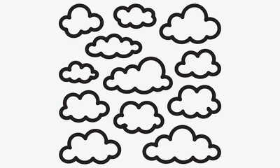 Obraz premium Kid crayon clouds set - various cute simple shapes outlines drawn by hand. Isolated black line cartoon doodle sketch elements on white background