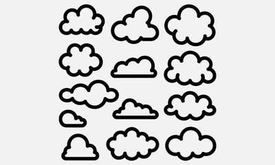 Kid crayon clouds set - various cute simple shapes outlines drawn by hand. Isolated black line cartoon doodle sketch elements on white background