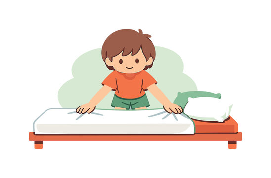 Still child smooths bed sheets with both hands, tugging corners flat as pillows wait nearby on a simple bed frame quietly now yep