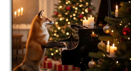 Obraz premium A festive scene anthropomorphic fox plays piano by lit Christmas tree, candles glow