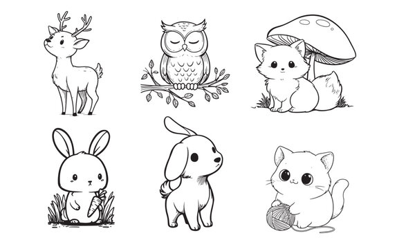 Cute & Simple Kawaii Animals vector for coloring