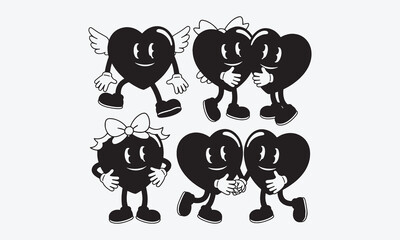 Naklejka premium Retro mascot heart. Cartoon vintage romantic Valentines day sticker, groovy hearts with leg and hands