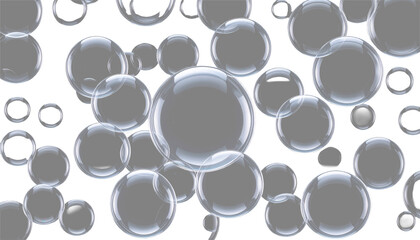Realistic transparent water or air bubbles isolated on transparent background. Floating liquid drops, clear spherical gas bubbles for cosmetic, beverage, and underwater design.