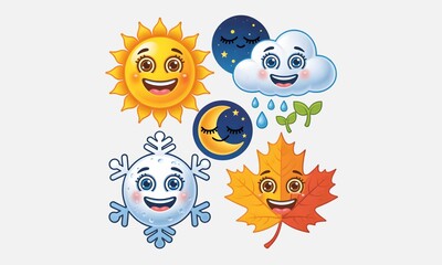 Fototapeta premium Weather forecast characters. Cute cartoon summer and winter signs, funny spring and fall icons. Night and day symbols, sun and moon