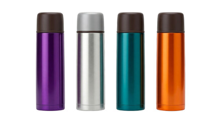 Multicolored Thermoses in Row on Black Background