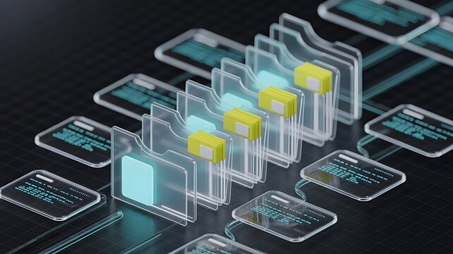 Modern cloud computing infrastructure with interconnected servers, digital file storage, data synchronization system, secure network technology and database management solution