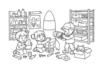Kids Building Rocket. Rocket workshop scene with kids assembling rocket parts, shelves of materials and blueprints around, a tiny