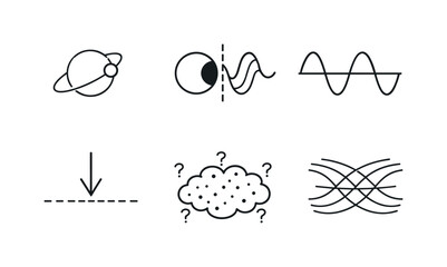 Line style vector icons of particle before measurement: particle-icon outline, dual-state motif, wave-function symbol,