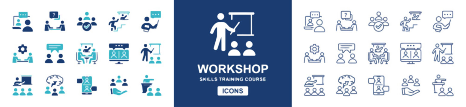 Workshop skills training course icons for learning and education