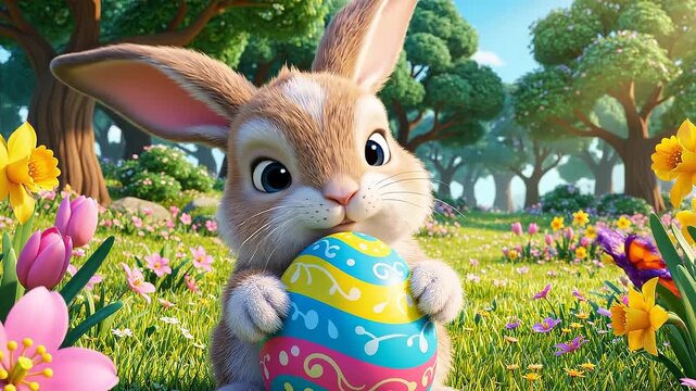 A cute Easter bunny holding colorful Easter eggs in a vibrant spring meadow with flowers and trees, conveying a joyful Easter egg hunt scene.