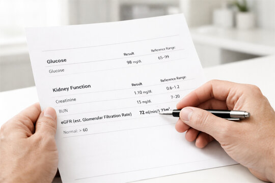 Man doctor analyzing blood test results on paper report. Patient review of kidney function and glucose level. Clinical diagnostic report for medical examination and healthcare checkup.