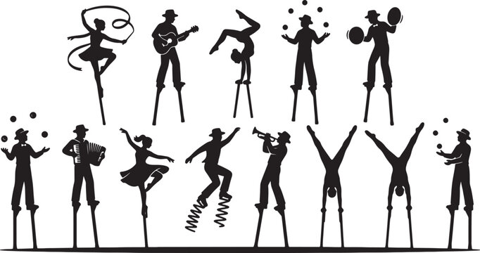 Silhouettes of musicians performing on stilts in various poses and with different musical instruments also transparent background