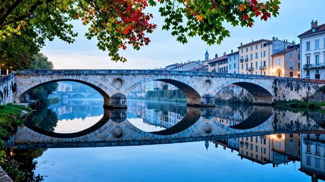 Stone bridge over calm river with buildings