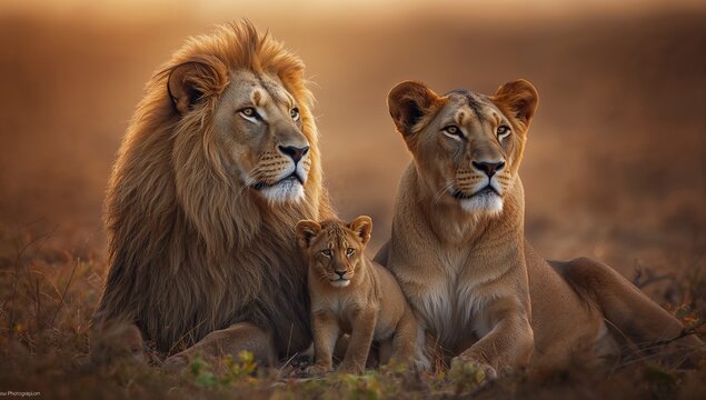 Lion family with cubs, in savannah landscape with a lake and sunset, ideal for painting