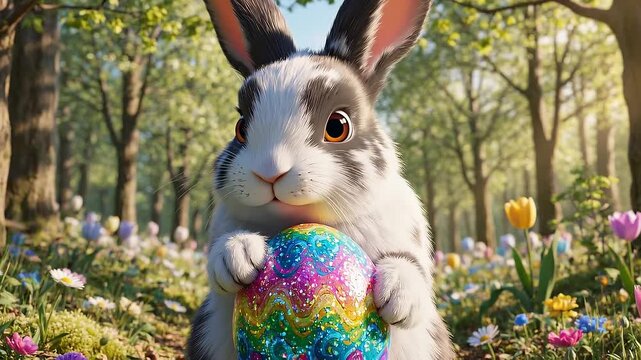 A cute bunny holding colorful Easter eggs in a vibrant forest with flowers, trees, and a joyful spring atmosphere, perfect for Easter eggs with bunny and Easter egg hunt video content.