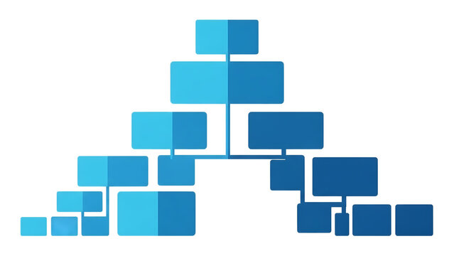 Blue organizational chart with interconnected boxes on black background hierarchy