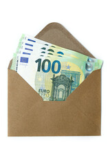 100 Euro banknotes in a brown craft paper envelope on white background.