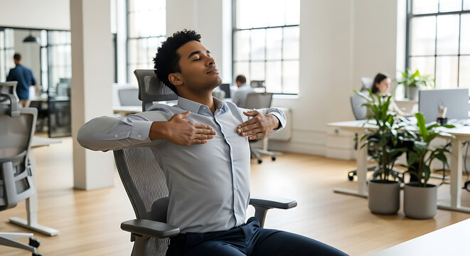Office worker stretching in chair for workplace wellness.