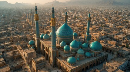 Naklejka premium Aerial drone view of Qom, Iran highlighting Islamic architecture, large mosque complexes, turquoise and golden domes, minarets, geometric urban layout, traditional Persian architecture 