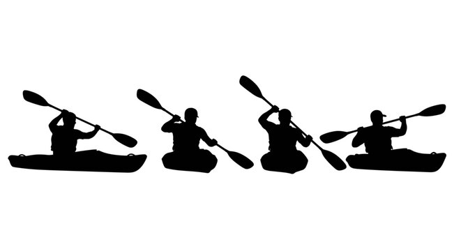 Silhouettes of four people kayaking in a line on a white background