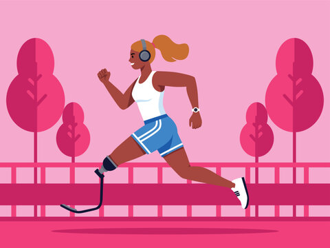Female Athlete Running with Prosthetic Leg in Park &ndash; Para athletes and Sport Vector Illustration