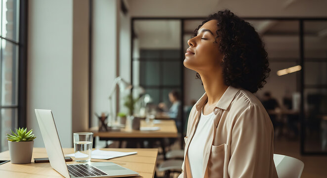 Relaxed woman taking a break from work at her desk.