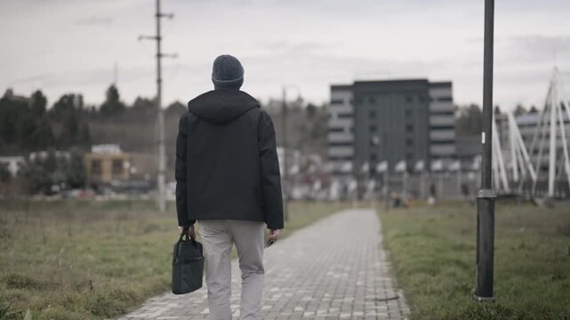A stylish man walks on a paved path in an urban setting. He wears a beanie and sunglasses, embodying modern urban business style.