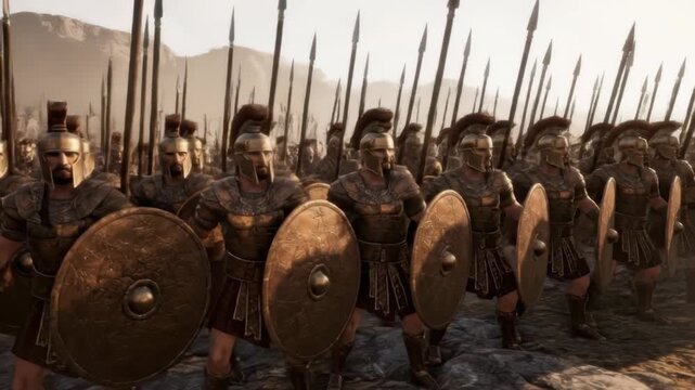 Front view of ancient warriors standing in formation on a battlefield - 3D Animation