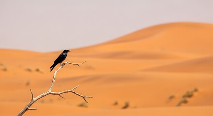 Fototapeta premium A solitary black bird perched on a branch, overlooking vast, undulating desert dunes