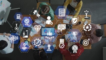 Quality approval and certification icons showing verified badge, standard check, award, trophy,...