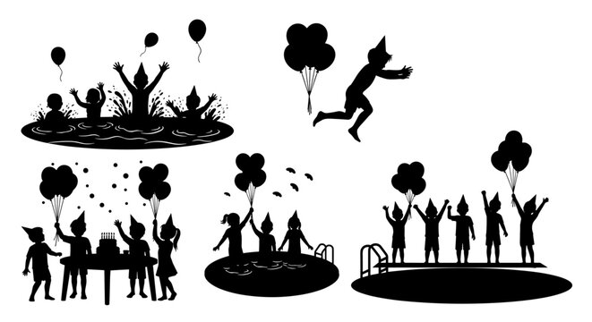 Children celebrating with balloons and cake, enjoying pool party fun and jumping