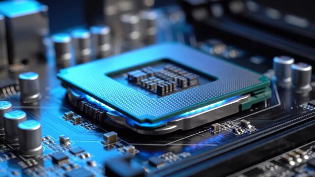 Close-up of a microprocessor on a circuit board with electronic components in a computer motherboard