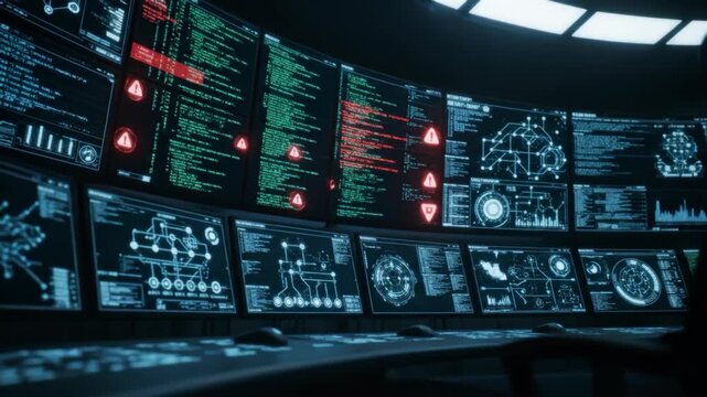 Dolly shot of operations center screens displaying critical cyber security alerts - 3D Animation