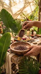 Hands pouring cacao beans into a wooden bowl during a cacao ceremony surrounded by tropical plants and decorative elements on a rustic table