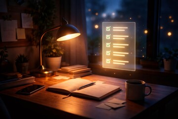 Desk at night illuminated by a warm lamp, an open notebook with a pen, a coffee cup, and a glowing holographic checklist with green checkmarks representing task completion and future planning