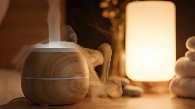 Wooden essential oil diffuser releasing mist on a bedside table. Warm glowing lamp illuminating steam in a dimly lit room. Aromatherapy and wellness concept