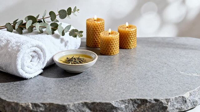 Spa setup with candles and herbs