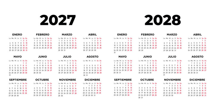 calendario 2027 2028 en espa&ntilde;ol, dise&ntilde;o minimalista