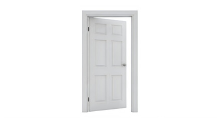 A classic white six-panel interior door with a silver handle stands slightly ajar in its frame.