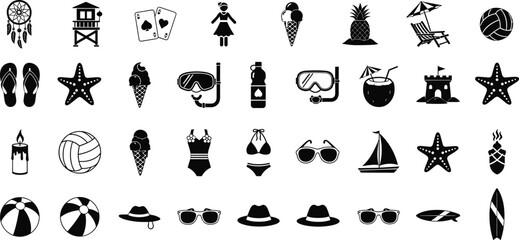 Obraz premium Large collection of black beach icons and summer holiday symbols including swimwear sunglasses ice cream starfish surfboard and tropical vacation elements in flat vector style