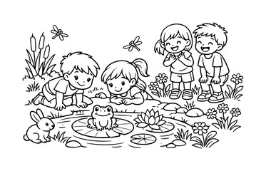 Frog on lily scene with kids kneeling by a pond, observing a frog, friends laughing nearby, dragonflies, flowers, and a tiny