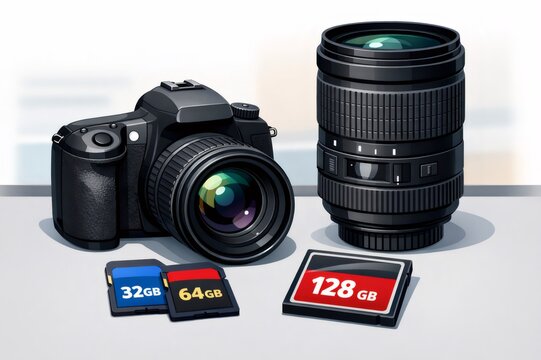 Digital single lens reflex camera with telephoto lens and SD memory cards arranged as essential photography gear for professionals, content creators, and enthusiasts