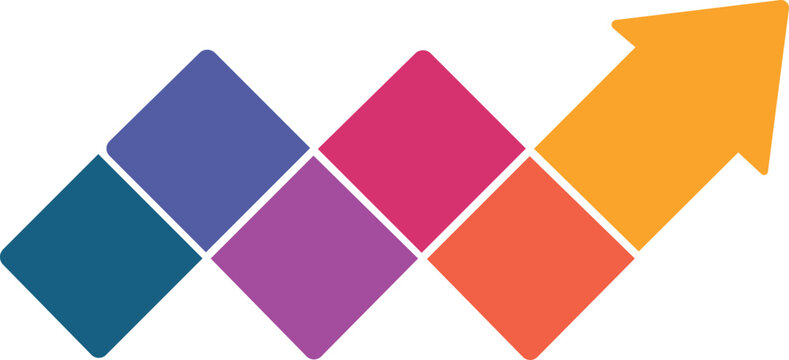 four colorful diamond shapes with gold upward diagonal arrow modern geometric growth logo flat vector design isolated background.