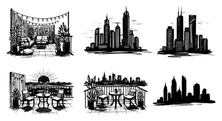 Fototapeta premium Collection of hand-drawn city skylines and balcony scenes with string lights and plants