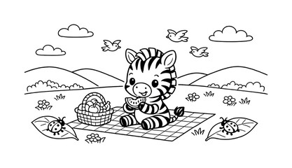 Fototapeta premium Zebra's Meadow Picnic. Little zebra having a picnic in a grassy meadow with a small basket of fruit, ladybugs on leaves, rolling