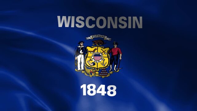 Waving Wisconsin flag with WISCONSIN text and 1848 date representing the state of Wisconsin USA perfect for patriotic or informational use
